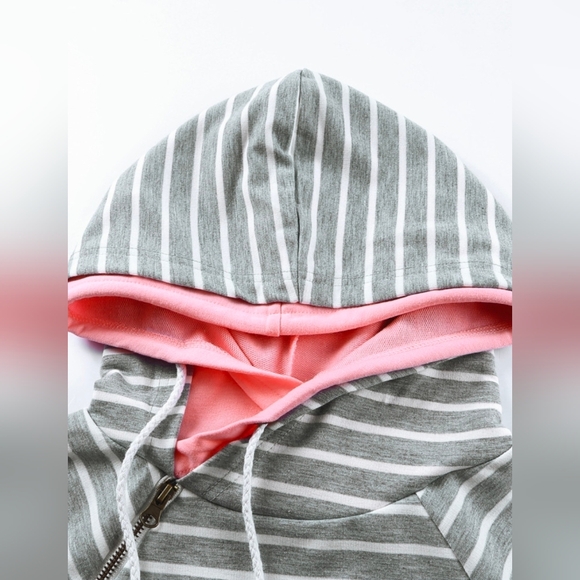 NEW WITH TAGS Small Gray White Stripe Pink Cowl Double Hoodie look - Picture 8 of 8